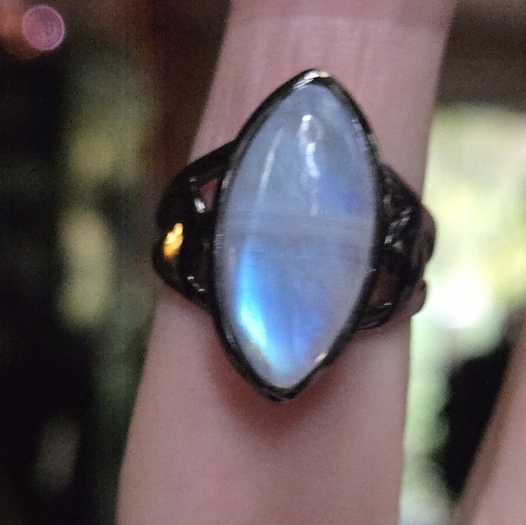 Moonstone 14k marquis cut STUNNING sterling & rhodium ring sz 7.5 - Picture 3 of 8